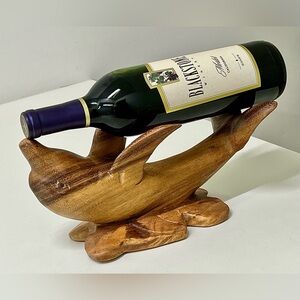 Vtg Artisan Hand Carved Solid Teak Wooden Dolphin Statue Wine Bottle Holder